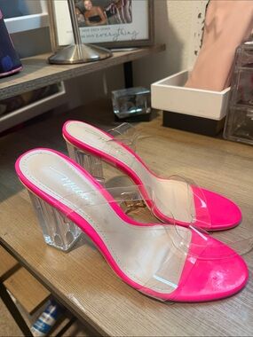 Clear Strap Neon Pink Block Heel